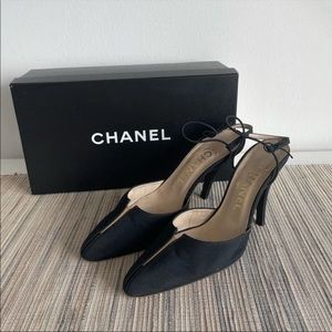 Chanel Crepe Black Slingback Heels 37.5